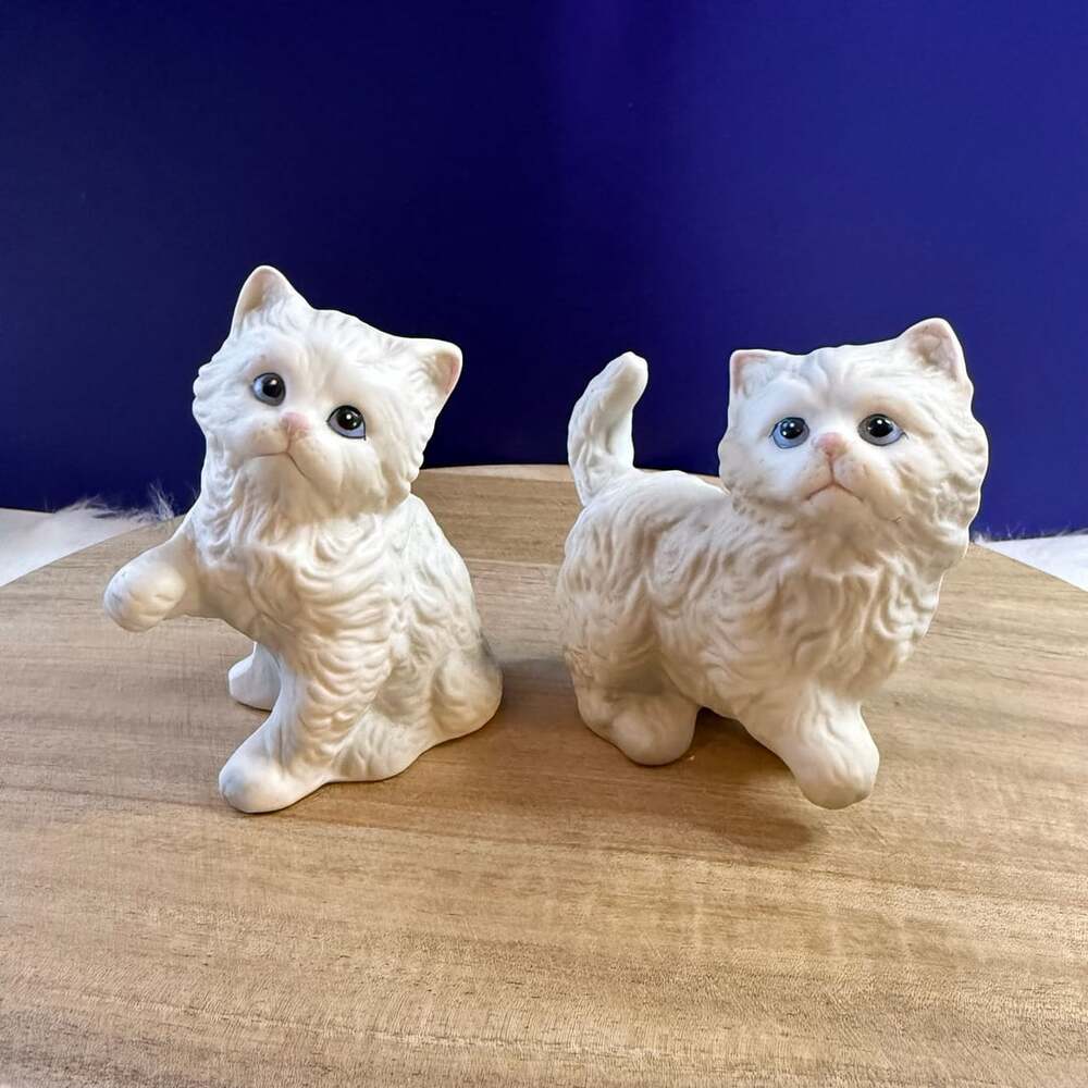 Vintage Homco Bisque Porcelain White Persian Kitten Figurines Set of 2